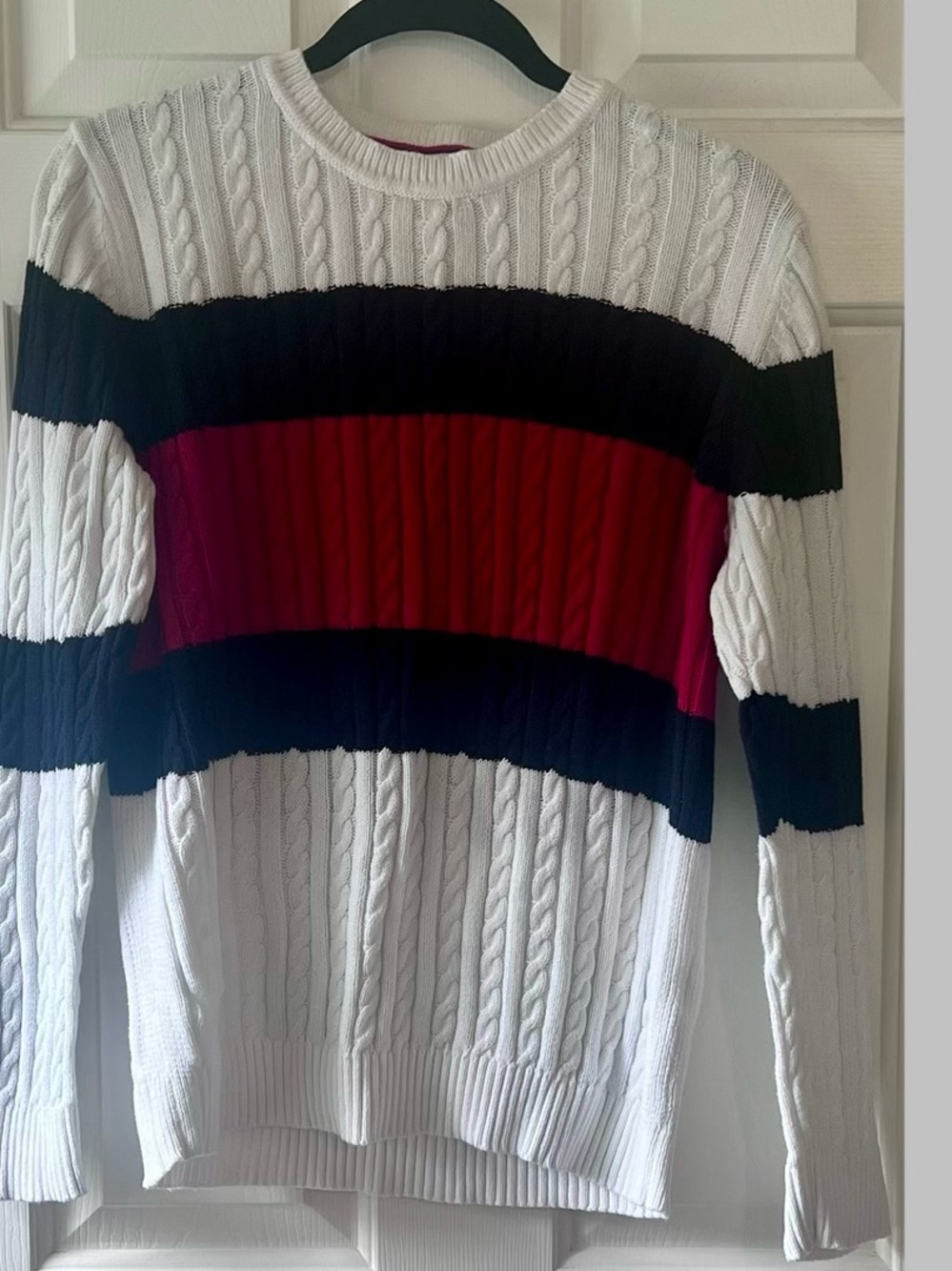 Tommy Hilfiger White Cable Knit Sweater with Red & Navy, 100% Cotton
